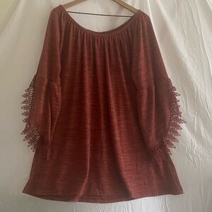 2XL / 3XL Win Win Rust Off-Shoulder Tunic Top w/ LaceTrimmed Bell Sleeves